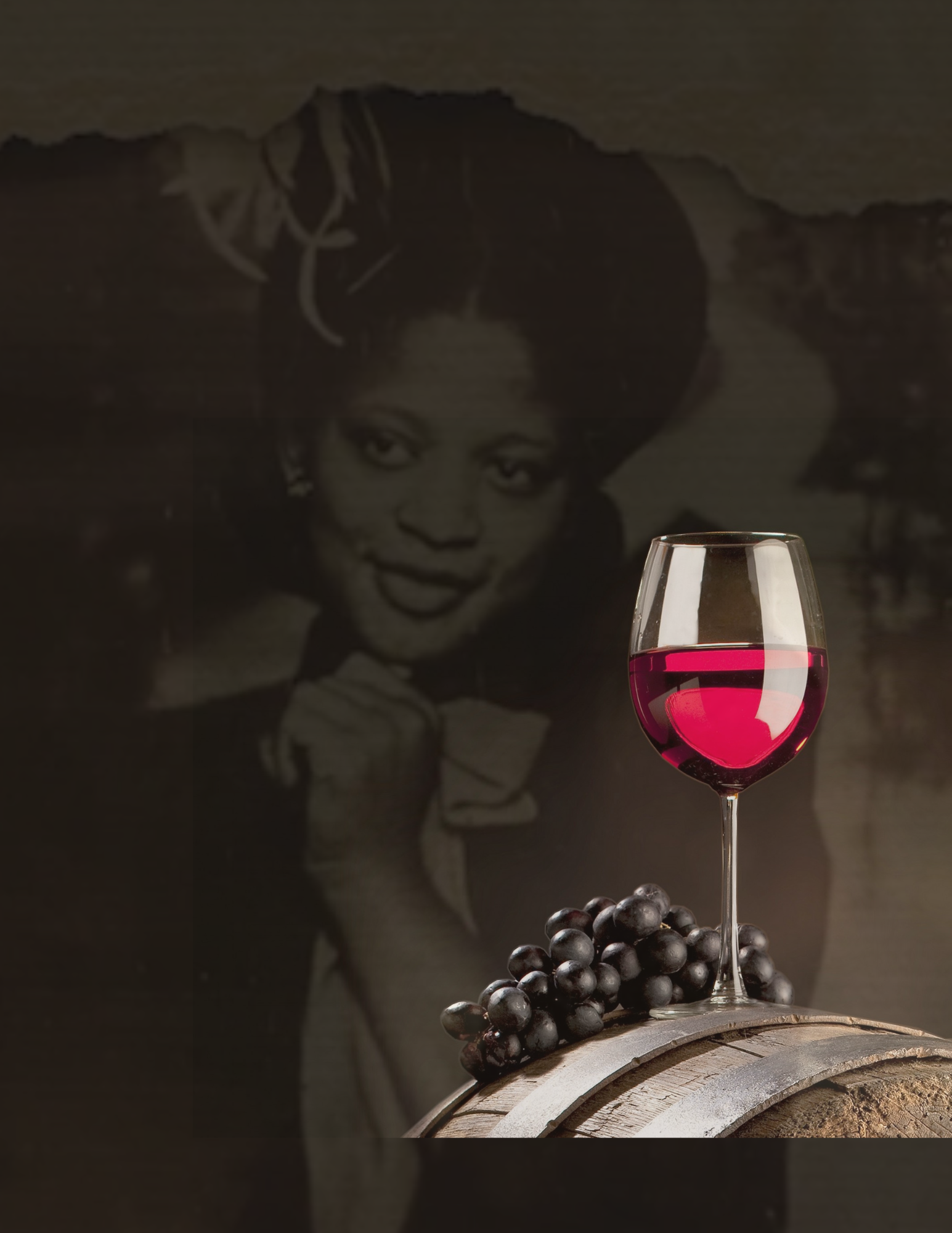 Longmire Cellars heritage artwork with a family portrait, red wine and grapes on a barrel